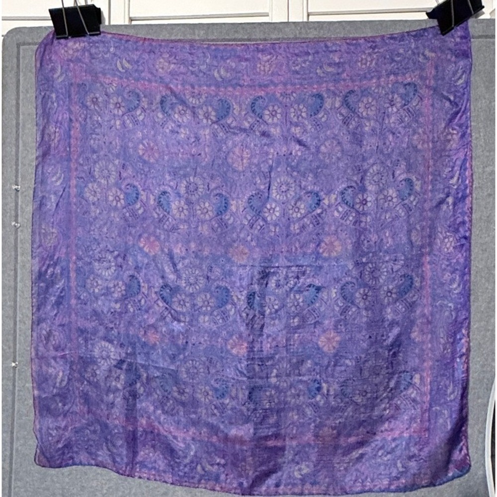 Silk Square Scarf OS Purple Blue Paisley Block Print India Vintage Boho Scarf